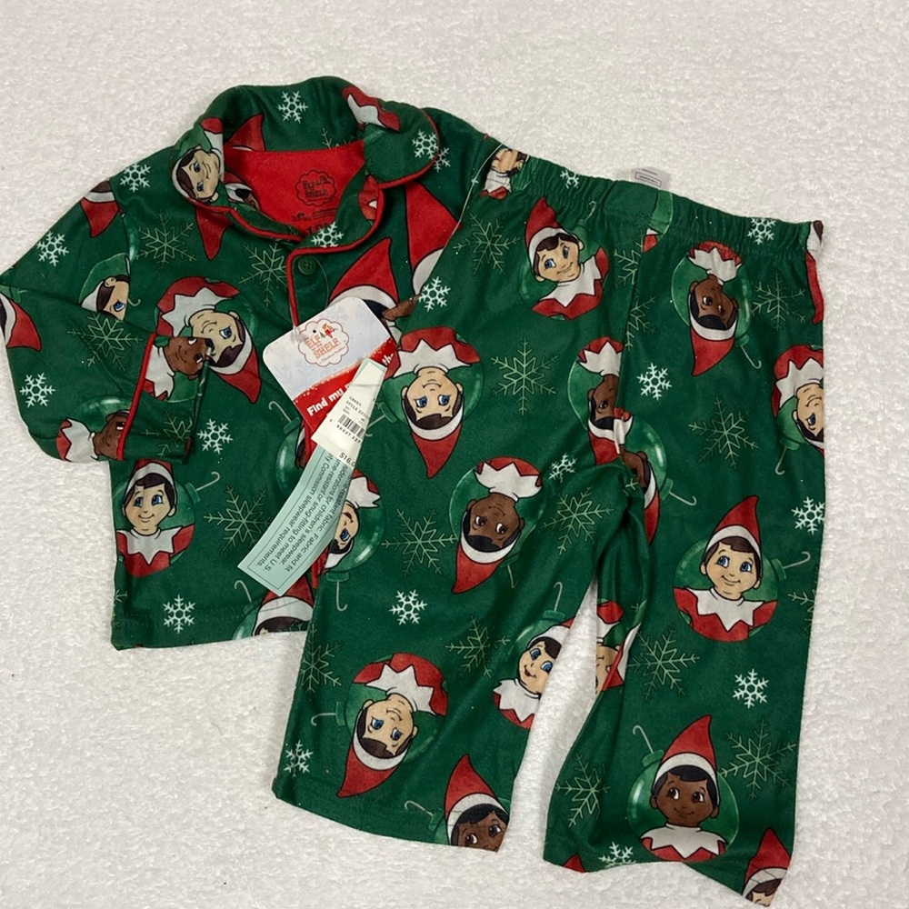 NWT Elf on the Shelf button down green Christmas pajama set 18m